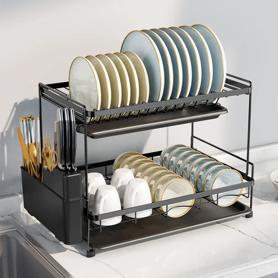 Black 2-Tier Dish Drying Rack with Removable Drainboards