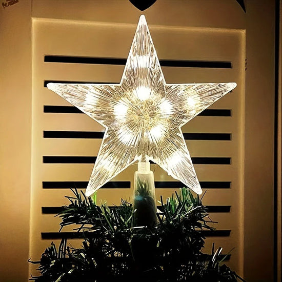 LED Glowing Christmas Tree Topper – Transparent Five-Pointed Star Ornament with Colourful Lights for Holiday Decor