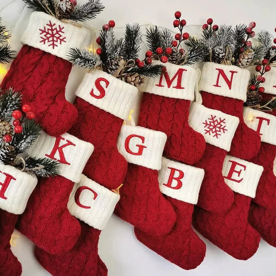 Christmas Knitted Socks with Snowflake & Letter Design – Festive Home Decoration & Tree Ornament Gift for 2024 Navidad Natal