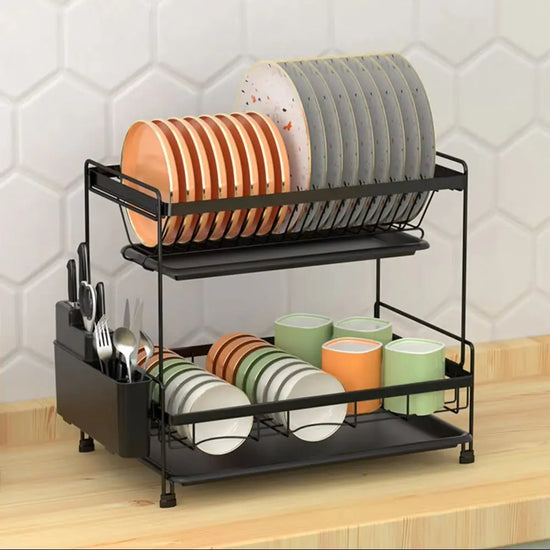 Black 2-Tier Dish Drying Rack with Removable Drainboards