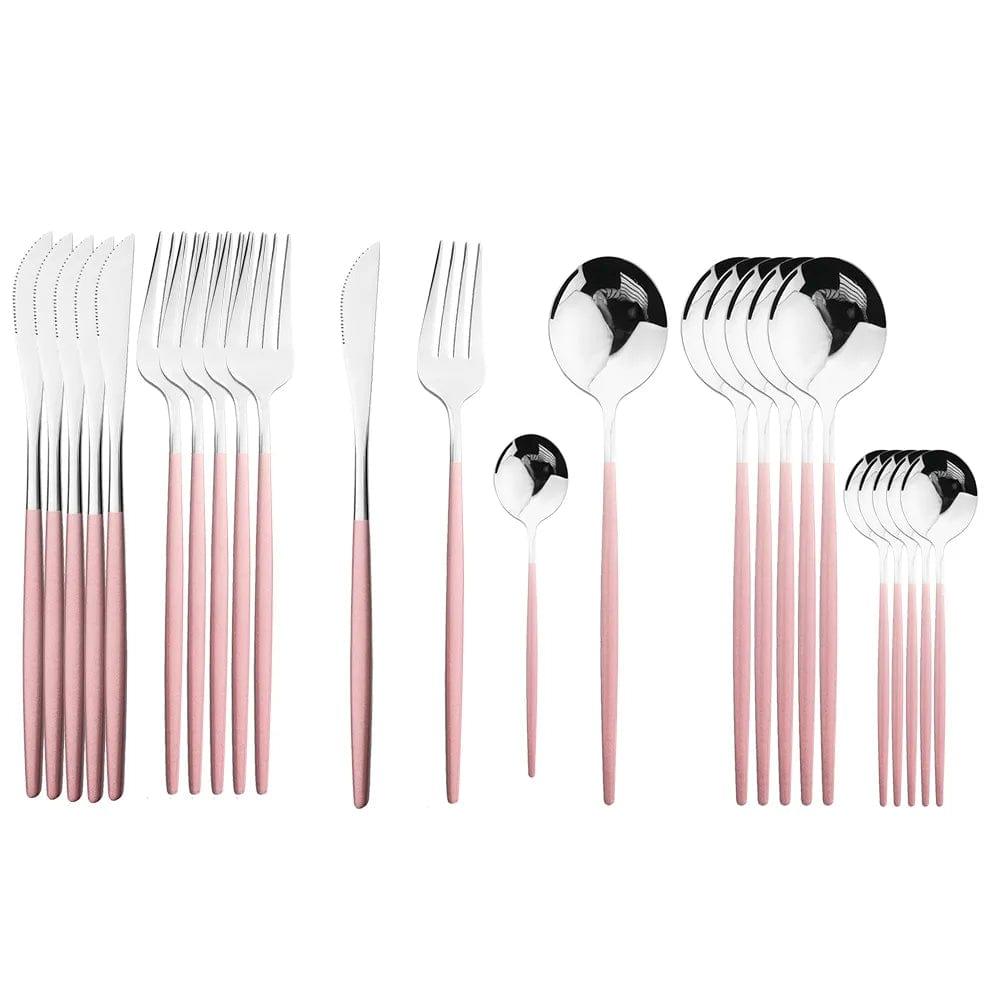 Alb3rt store Pink Silver Cutlery Set Stainless Steel Knife Fork Spoon 24pcs