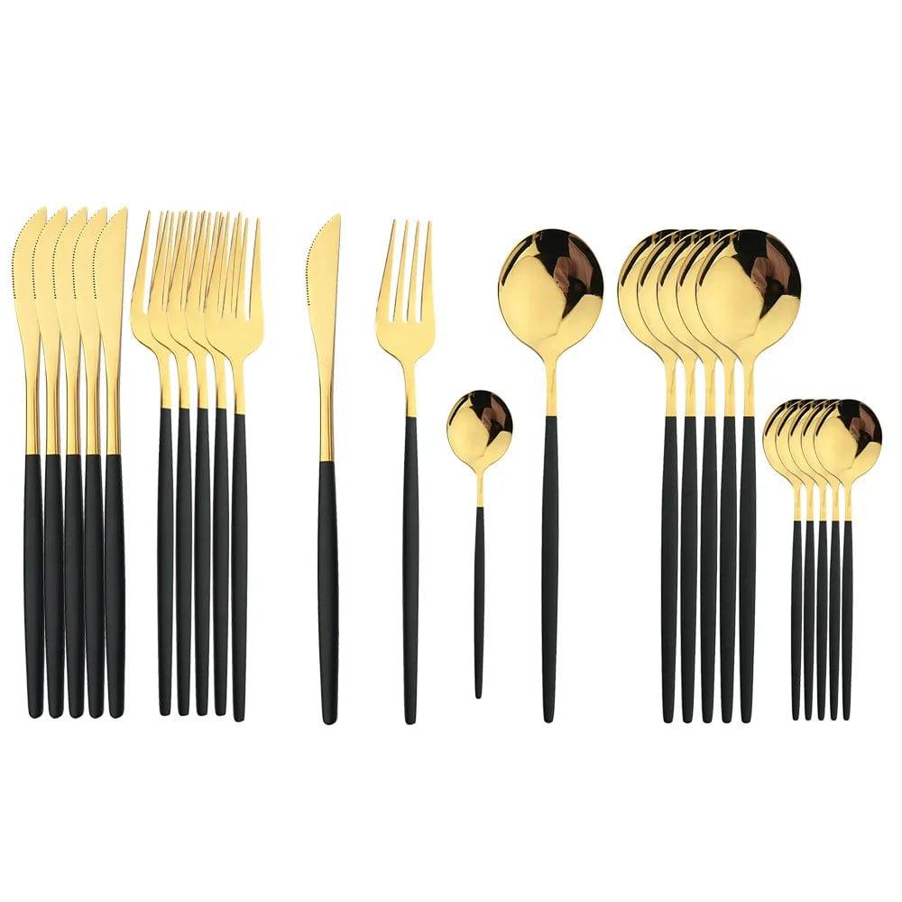 Alb3rt store Black Gold Cutlery Set Stainless Steel Knife Fork Spoon 24pcs