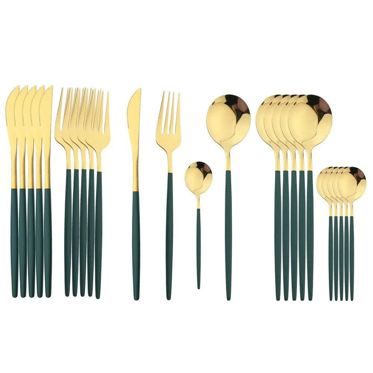 Alb3rt store Green Gold Cutlery Set Stainless Steel Knife Fork Spoon 24pcs