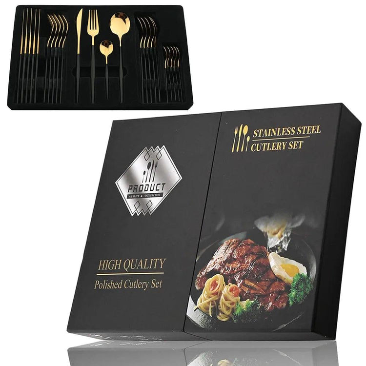 Alb3rt store Black Gold 24Pcs box Cutlery Set Stainless Steel Knife Fork Spoon 24pcs