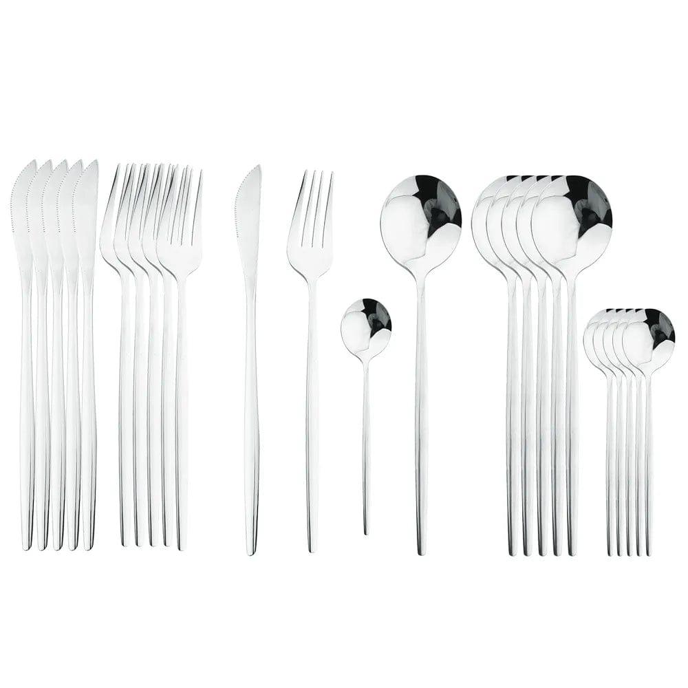 Alb3rt store Silver Cutlery Set Stainless Steel Knife Fork Spoon 24pcs