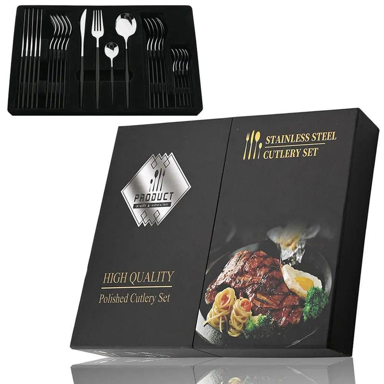 Alb3rt store Black Silv 24Pcs box Cutlery Set Stainless Steel Knife Fork Spoon 24pcs